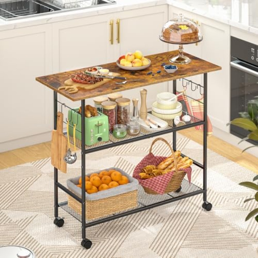 Kitchen Baking Island - Kitchen Island with 3 Shelves, Rolling